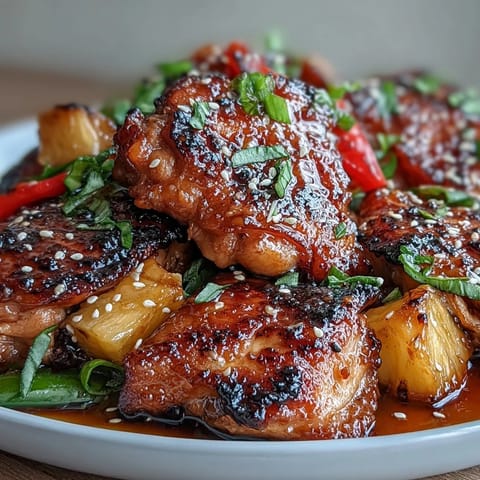 Tropical one-pan meal featuring tender chicken simmered in honey garlic sauce with fresh pineapple chunks and crisp bell peppers.  