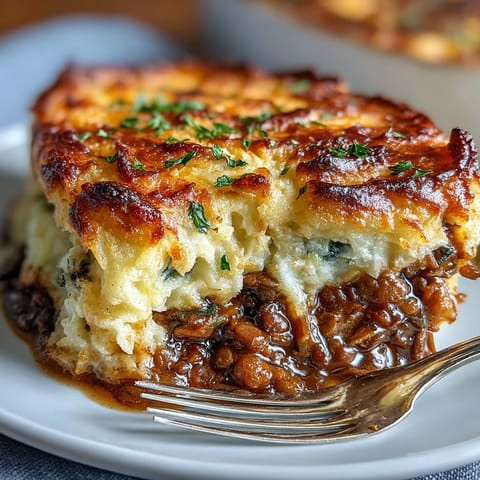 Hearty vegetarian Shepherds Pie with lentils and mushrooms, topped with creamy mashed potatoes and baked until golden and bubbling.