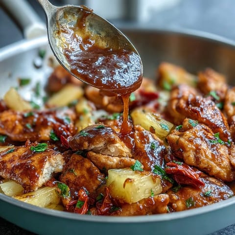 A vibrant one-pan sweet and sour chicken pineapple skillet with tender chicken, bell peppers, and juicy pineapple chunks in a glossy sauce.