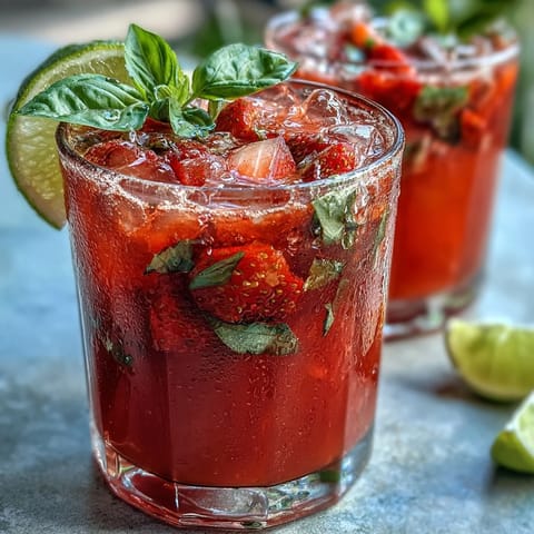 Vibrant strawberry basil lemonade in a clear pitcher, garnished with fresh basil leaves and lemon slices.