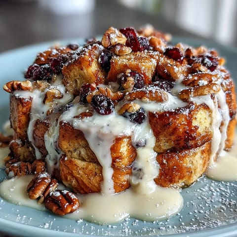 Decadent baked blueberry French toast casserole with golden, custard-soaked brioche and juicy blueberries, dusted with powdered sugar for a festive Mother's Day brunch.