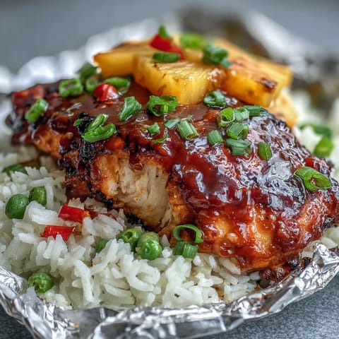 Grilled Pineapple Chicken and Rice Foil Packets with colorful vegetables and sweet pineapple chunks.