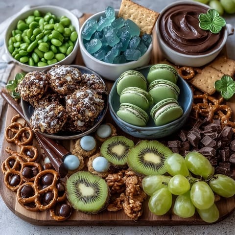 Festive St. Patricks Day charcuterie board with green candies, macarons, and chocolate gold coins for a sweet celebration.