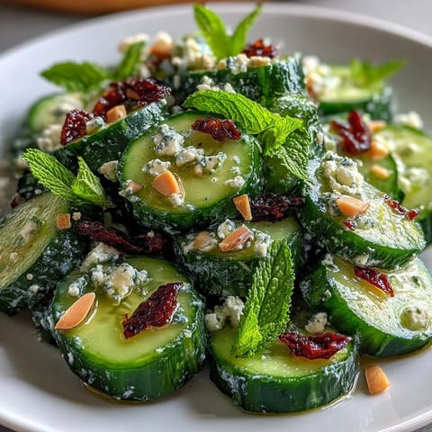Crisp cucumber and strawberry salad with fresh mint, a colorful spring dish perfect for picnics or light lunches.