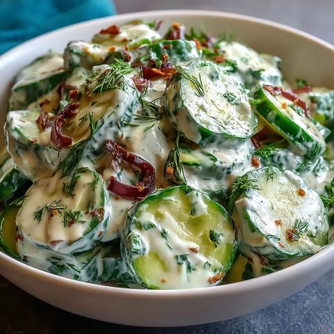 A light and refreshing cucumber salad with dill, tossed in creamy Greek yogurt dressing, perfect for summer picnics.