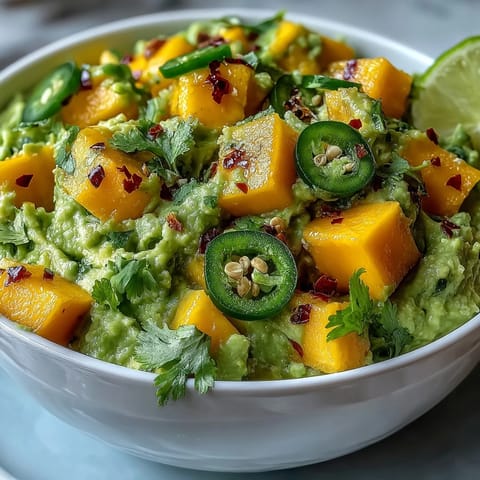 Vibrant Cinco de Mayo guacamole with mango and jalapeño, a creamy avocado dip with sweet fruit and spicy kick.