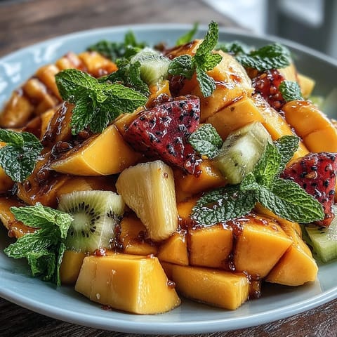 Colorful arrangement of mango and pineapple spears, accented by kiwi, papaya, and berries, perfect for parties or healthy snacking.