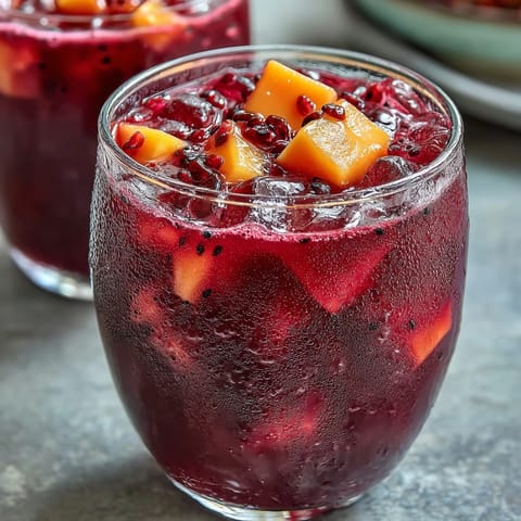 Refreshing mango dragonfruit refresher with vibrant tropical fruit and citrus, served over ice in a tall glass with fruit garnish.