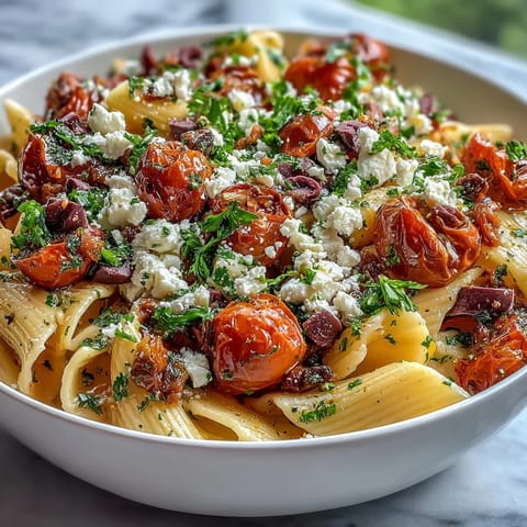 Colorful Greek pasta salad with feta and olives, tossed in a zesty olive oil dressing for a refreshing meal.