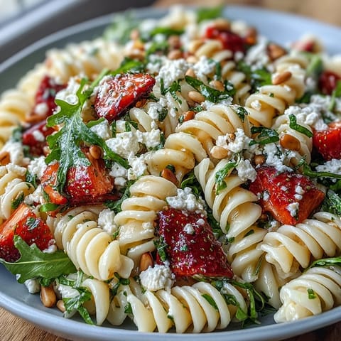 Fresh spring pasta salad with strawberries, feta, and arugula in a light balsamic dressing.