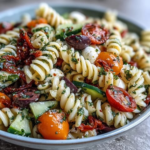 A colorful bowl of Easy Summer Pasta Salad with Italian Dressing, packed with cherry tomatoes, cucumber, and mozzarella balls.