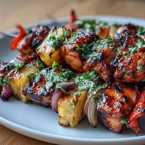 Grilled Pineapple Chicken Skewers with juicy chicken, sweet pineapple, and colorful bell peppers sizzling on the grill.