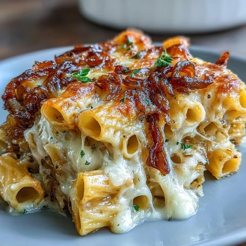 French Onion Pasta Bake with golden Gruyère cheese and caramelized onions in a bubbling casserole.  