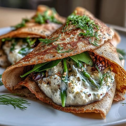 Spring buckwheat crepes filled with creamy herbed cheese and sautéed spring vegetables, perfect for a light lunch or elegant brunch.  