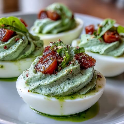 Caprese Deviled Eggs with Basil Oil and Tomato, garnished with fresh mozzarella and cherry tomatoes for a vibrant appetizer.