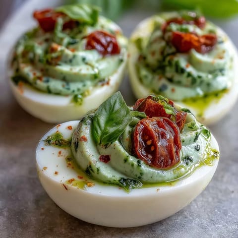 Creamy deviled eggs infused with basil oil, topped with diced tomatoes and mozzarella for an Italian-inspired twist.