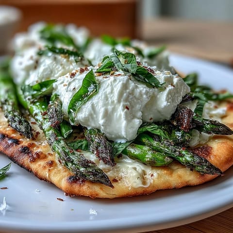 Roasted asparagus flatbread with burrata and lemon, topped with fresh basil and chili flakes for a vibrant spring appetizer.