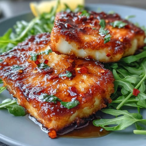 Golden halloumi cheese drizzled with hot honey, served over fresh arugula for a spicy-sweet appetizer.