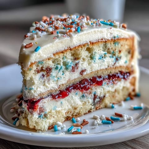 Vibrant confetti cake with rainbow sprinkles, layered with luxurious champagne frosting for a festive graduation dessert.