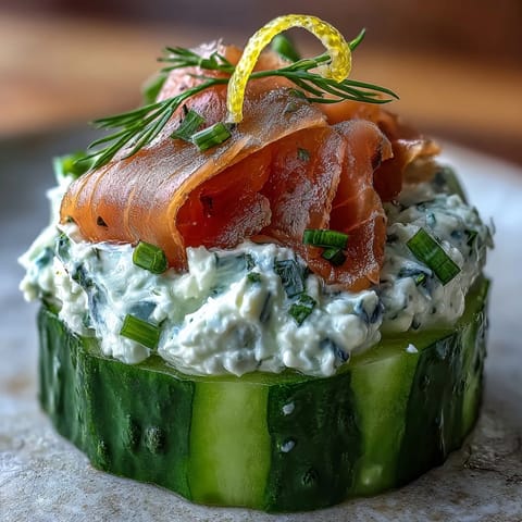 2. Refreshing smoked salmon cucumber bites feature cool cucumber slices topped with rich cream cheese and delicate smoked salmon for a perfect party snack.  