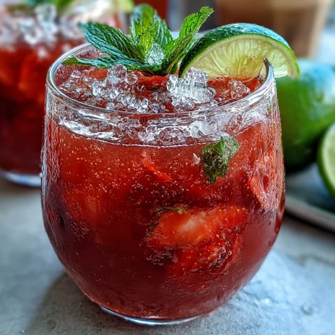 A vibrant glass of strawberry agua fresca garnished with fresh mint and lime slices, perfect for summer refreshment.