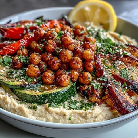 A colorful bowl of crispy roasted chickpeas, creamy hummus, and grilled vegetables, perfect for a healthy vegan meal.