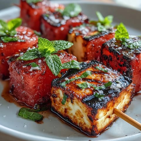 Juicy halloumi and watermelon skewers with a hint of savory char and fresh mint.