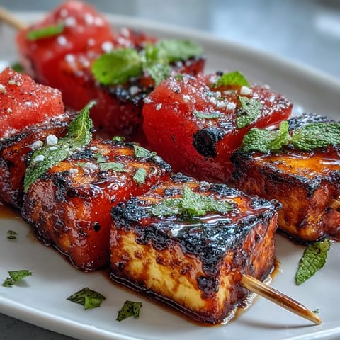 Grilled halloumi and watermelon skewers, smoky, sweet, and refreshing, perfect for summer.