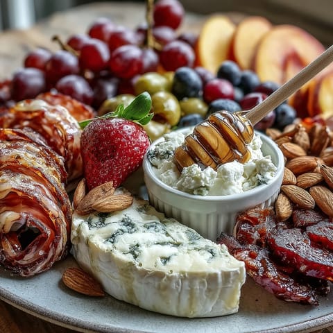 Vibrant summer charcuterie board with fresh fruit, cheeses, and honey.
