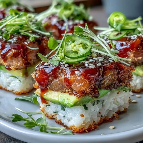 Spicy Tuna Crispy Rice Bites: golden squares topped with vibrant, creamy tuna and avocado.