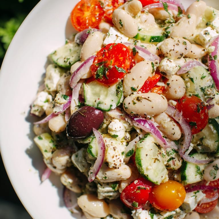 Overhead view of refreshing Mediterranean White Bean Salad with Feta, bright and colorful.