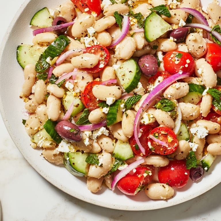 Creamy, lemony Mediterranean White Bean Salad recipe with Feta, perfect for light lunch.