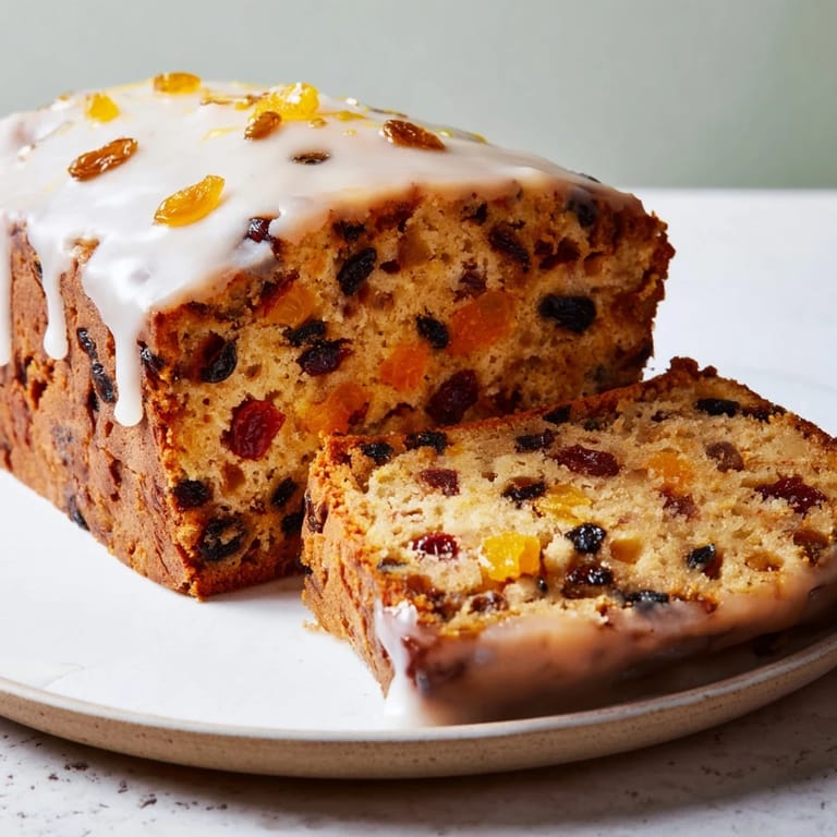 Sliced Easy Glazed Christmas Fruit Loaf Cake, showcasing the colorful dried fruit within its tender crumb.