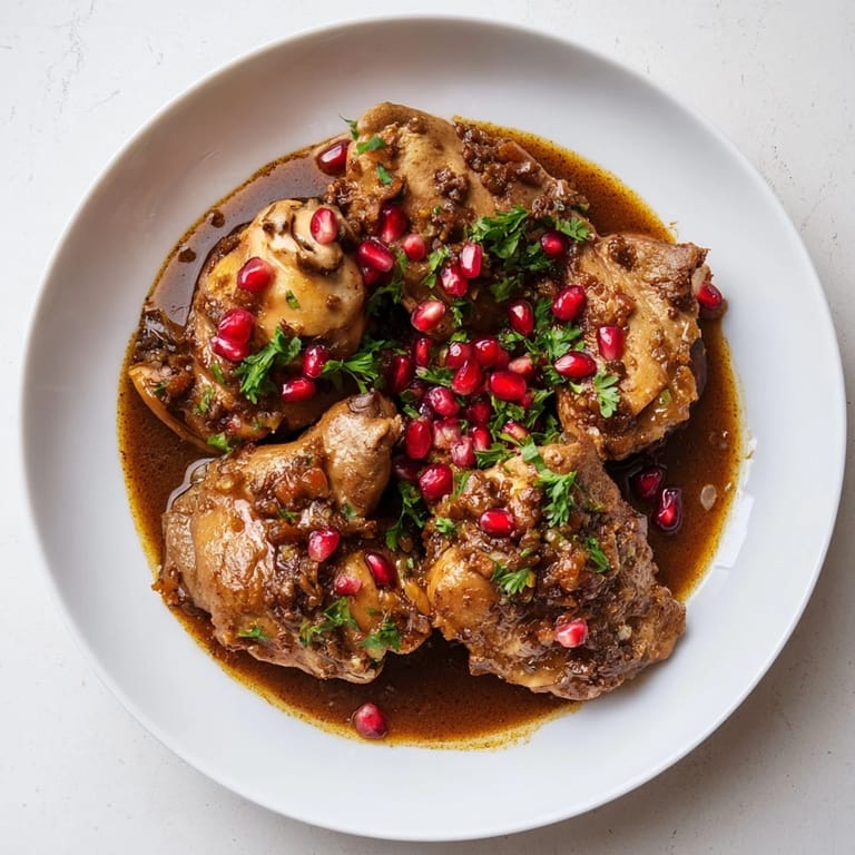 Close-up of golden Fesenjan, Persian chicken and walnut stew, garnished with vibrant pomegranate seeds.