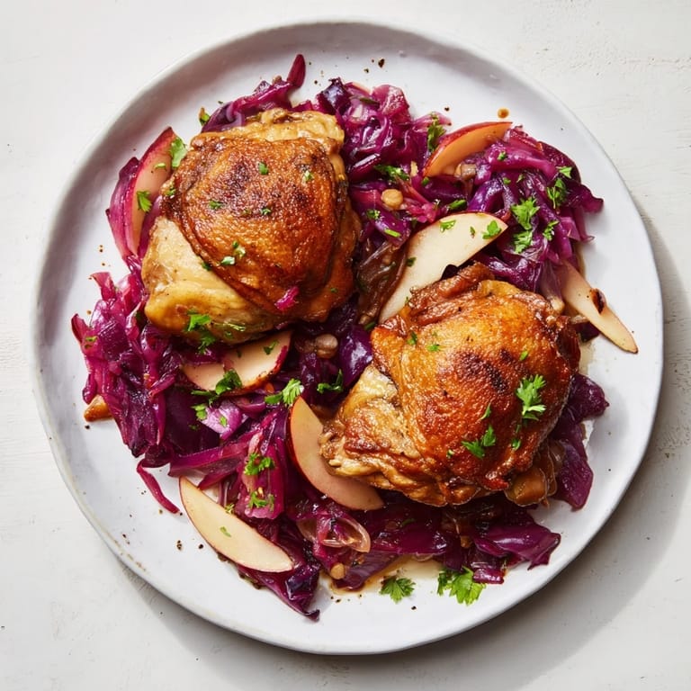 Savory Oktoberfest Chicken and Red Cabbage Bake, featuring glistening chicken and sweet-sour cabbage for a hearty meal.