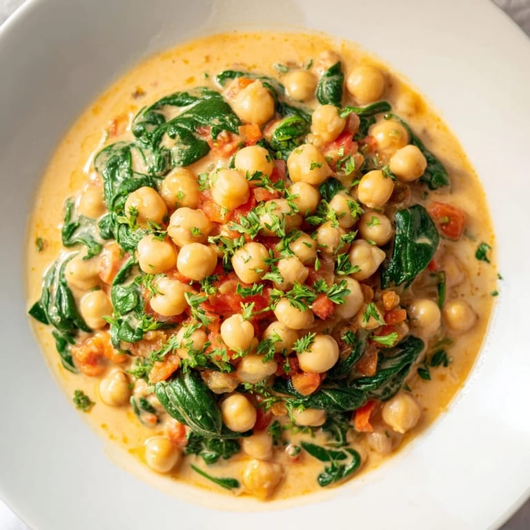 Serving suggestion: Enjoy a comforting bowl of creamy garbanzos with spinach and crusty bread.