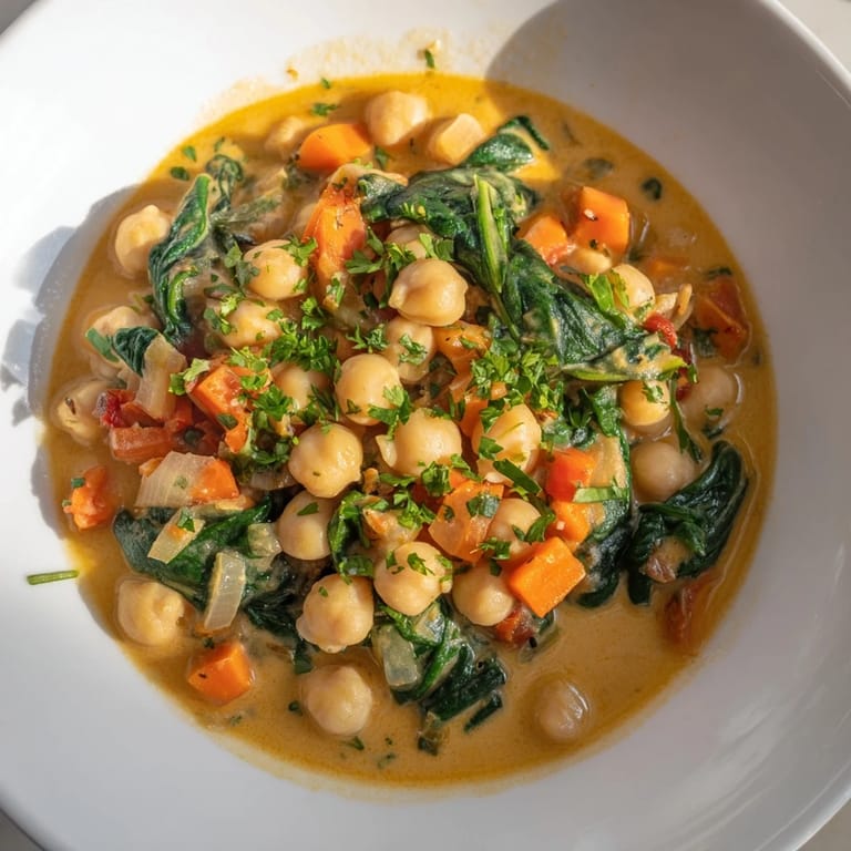 Close up shows vibrant spinach in creamy garbanzos, garnished with fresh parsley.