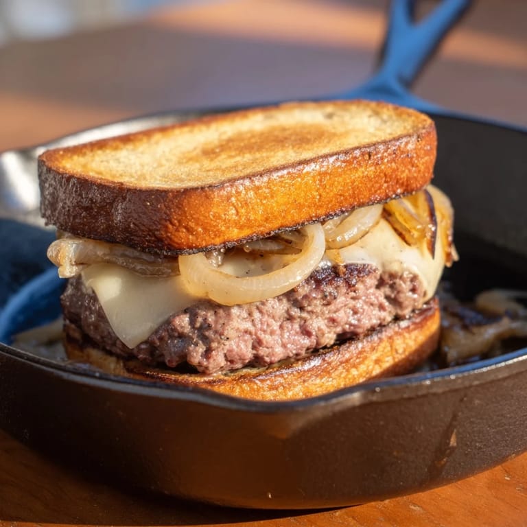 Close-up of a perfectly griddled cast-iron patty melt showcasing the layers of cheese and beef filling.