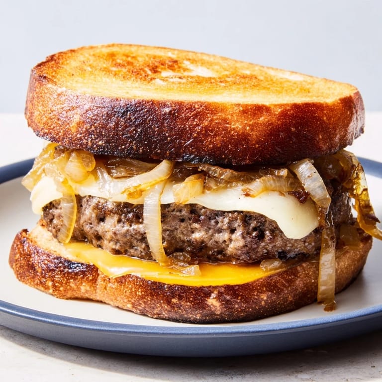 Sizzling cast-iron patty melts on a plate, a diner classic with gooey cheese and caramelized onions.