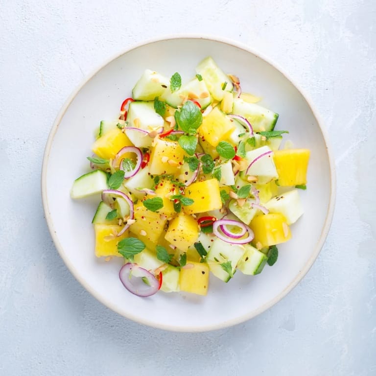 Freshly tossed Viral Pineapple & Cucumber Salad; cubed pineapple with cucumber and red onion, ready for a taste.