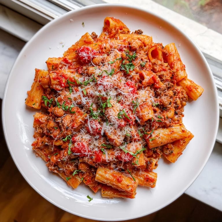 This close-up showcases golden, crunchy chickpeas topping the flavorful Spicy Arrabbiata Pasta.