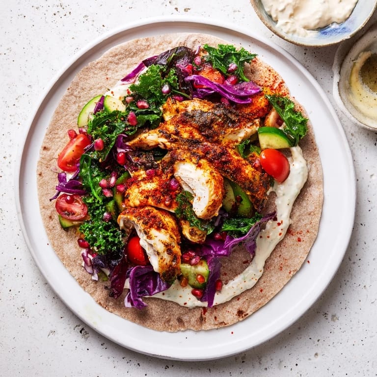 Brightly colored Greek Yogurt Chicken Shawarma Christmas Wrap is displayed, ready to eat, with visible, juicy ingredients.