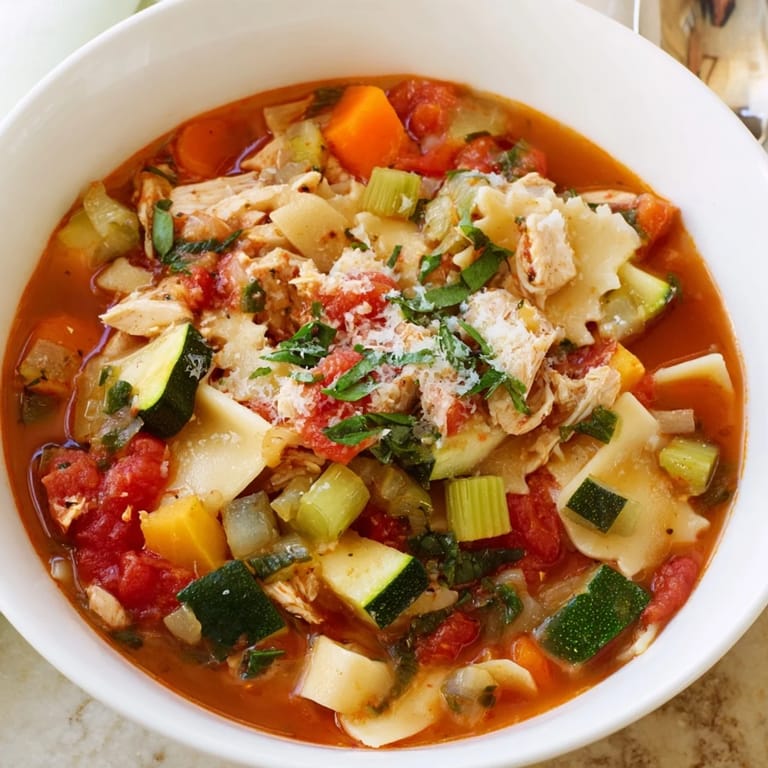 A steaming bowl of Healthy Lasagna Soup, filled with turkey and vibrantly colored vegetables, smells delicious.