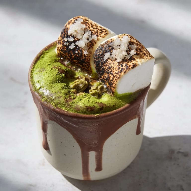 A rich and frothy Toasted Marshmallow Campfire Matcha Hot Cocoa features delicate matcha notes and toasted marshmallows.