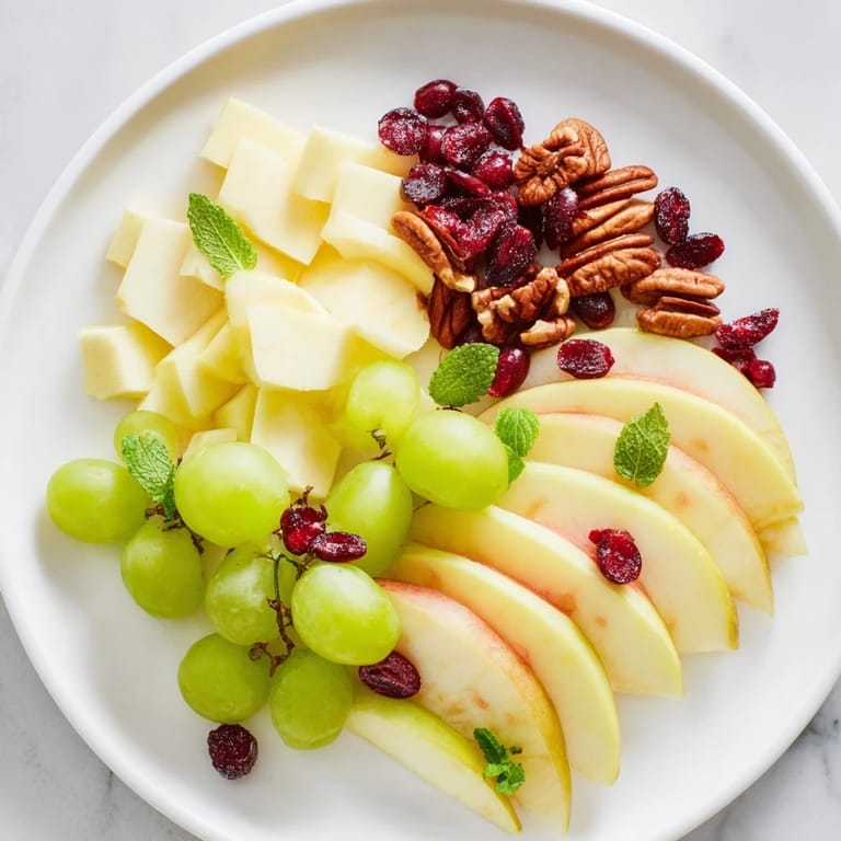 A beautifully arranged Apple Orchard Fruit Board with colorful fruits, nuts, and creamy cheddar cheese, perfect for sharing.