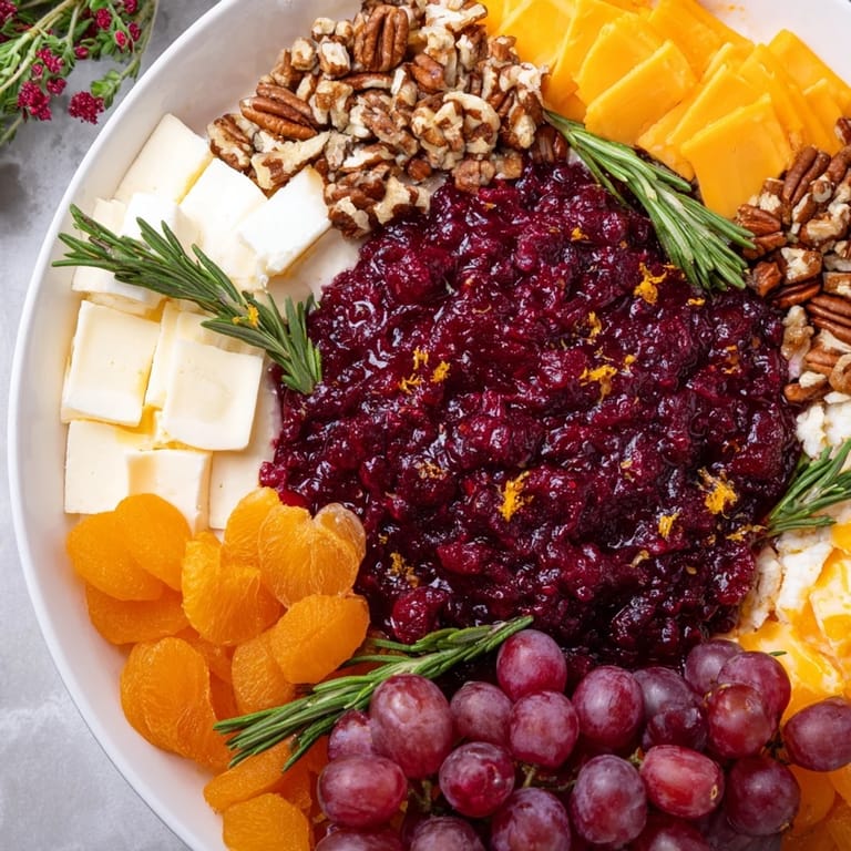 A beautifully arranged Christmas appetizer: the cranberry wreath platter with savory meats and fresh grapes.