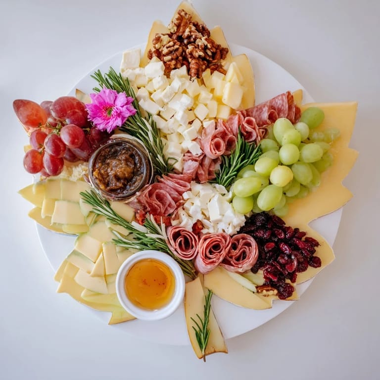 This vibrant Maple Leaf Grazing Tray visually bursts with color, offering an array of tasty bites.