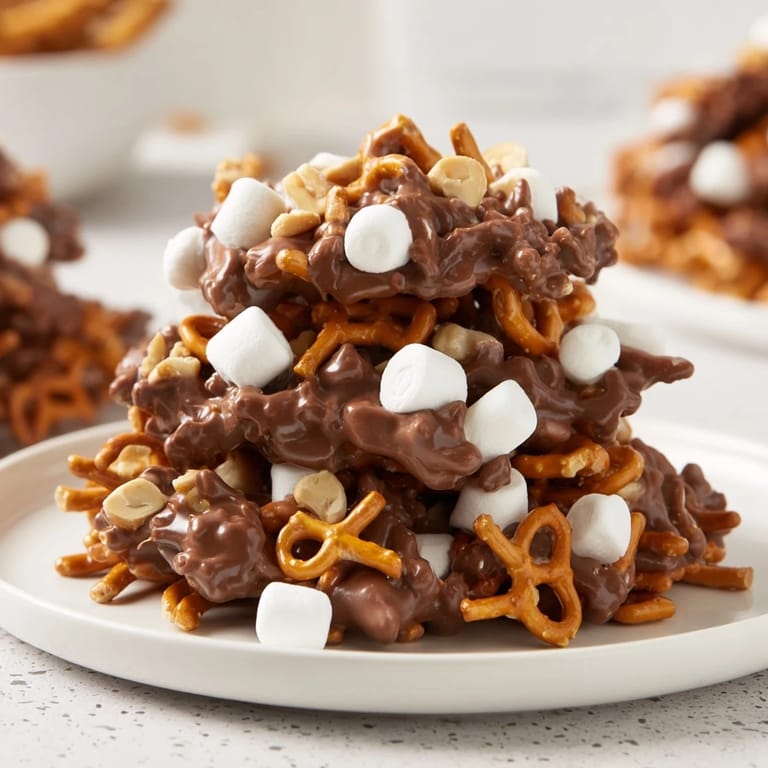 A delightful view of a layered haystack candy tower, a quick, no-bake American dessert offering treats.