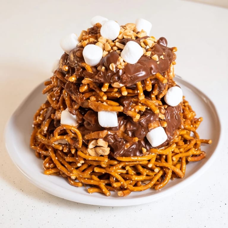 Golden-brown butterscotch-based haystack candy tower with crispy noodles, pretzel, and chocolate.
