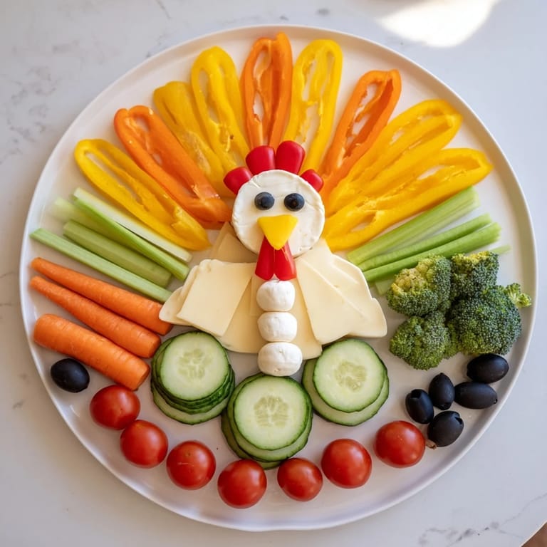 A party-ready turkey shaped appetizer platter featuring diverse veggies and assorted crackers to enjoy.